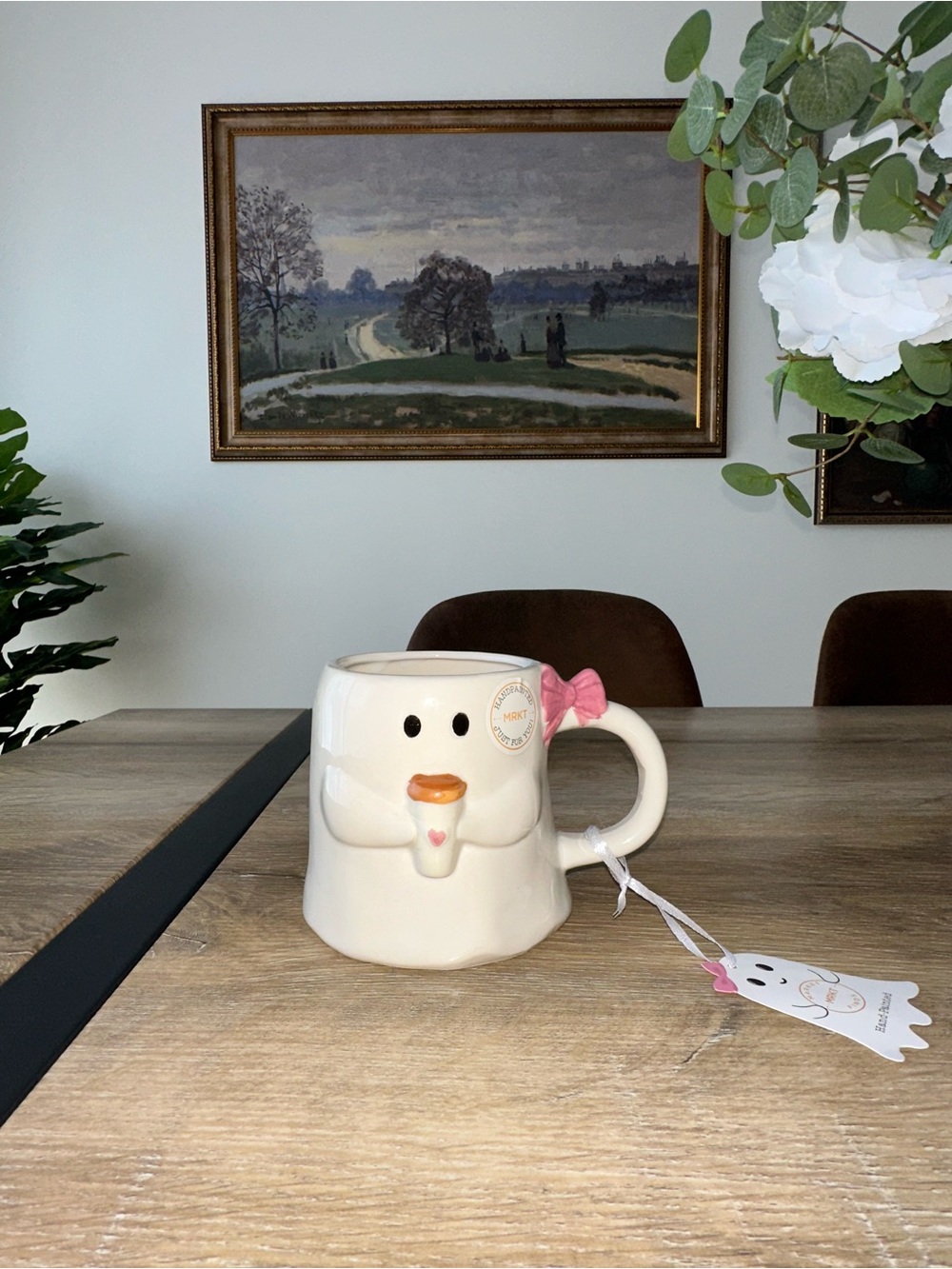 Market Finds Hand-Painted Ghost Coffee Mug with Pink Bow NWT